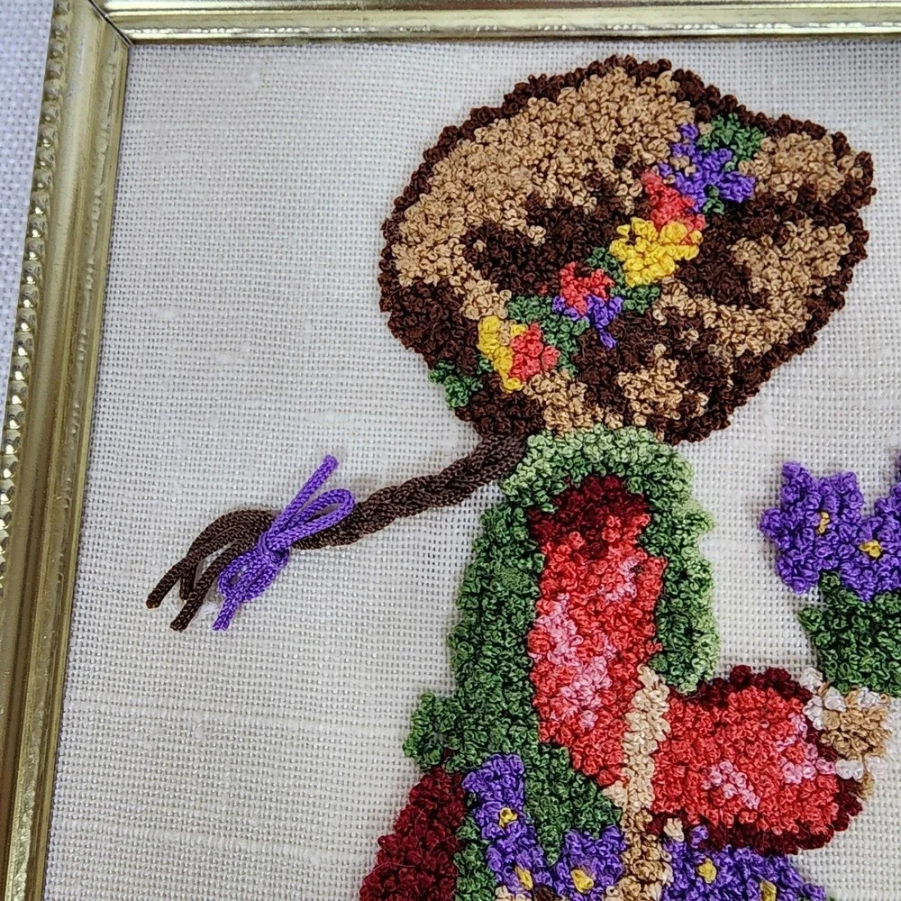 Vintage Hand Made Punch Needle Prairie Girl Cottagecore Decor Framed 5X7